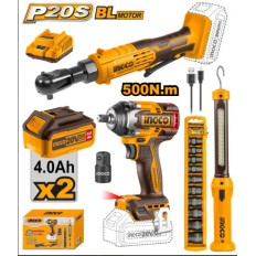 COMBO LLAVE IMPACTO  20V BATERIA + LLAVE CRIQUE + LINTERNA + SET DE DADOS INGCO
