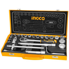 JUEGO DADOS, TUBO, LLAVE 1/2" CRIQUET 24 PCS + VALIJA METALICA INGCO
