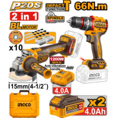 KIT COMBO A BATERIA 20V AMOLADORA ANGULAR 115MM + TALADRO ATORN. C/PERCUTOR 13MM 66NM + 2 BAT 4.0AH
